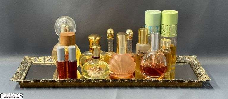 Vintage Ladies Perfumes and Mirrored Vanity Tray 16" x 6" image