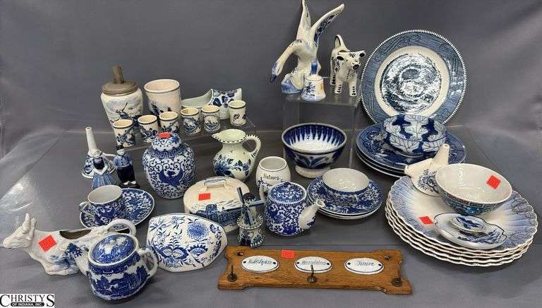 Delft, Blue Willow, Japanese Blue & White China Pcs - 10" of largest plate - repaired damage, chipping throughout image