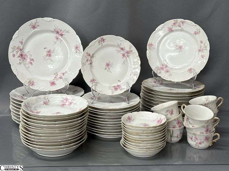 C F Haviland Floral Motif Limoges China Plates, Bowls, Teacups, Approx 62 pcs - 9.5" of largest plate - some chipping, crazing throughout image