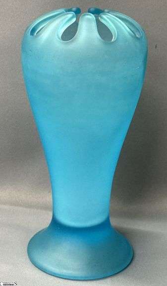 1930's Tiffin Blue Satin Glass Flower Frog Vase 9" image