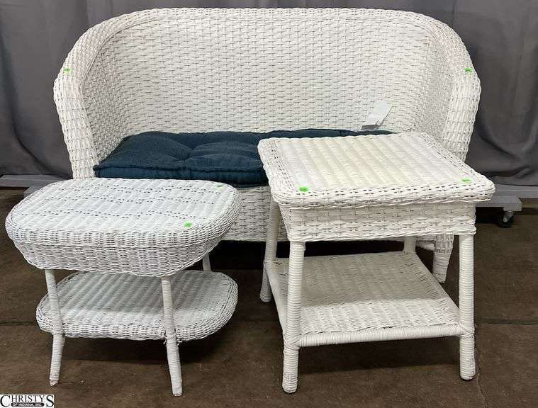 White Wicker Patio Bench and 2 Wicker Side Tables - 56" x 35" - 16" seat - some wear image