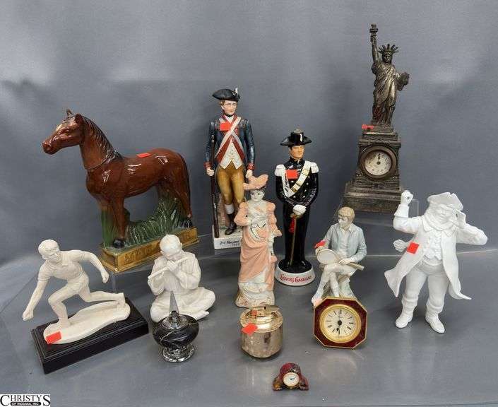 Decanters, Figurines, Desk Lighters, Small Clocks - some wear, missing parts - 12" of tallest image