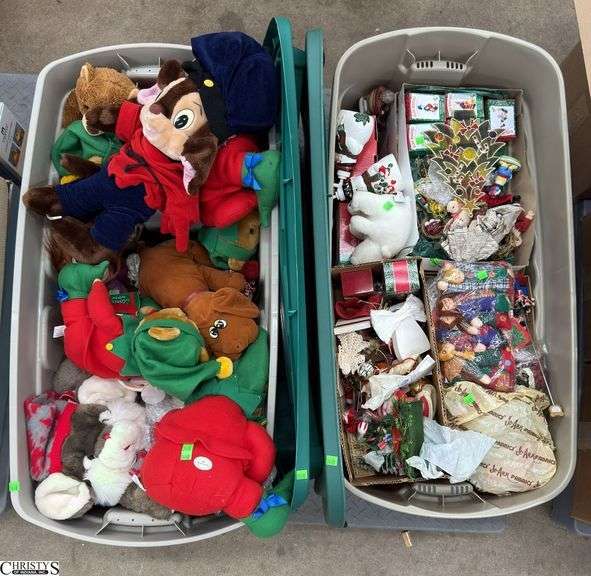 Boxed Lots, Plush Holiday Animals, Fairy Ornaments, Angels, Snowman, Mickey Mouse Ornaments, Glass Bulbs, Bears, Long Totes with Lids image