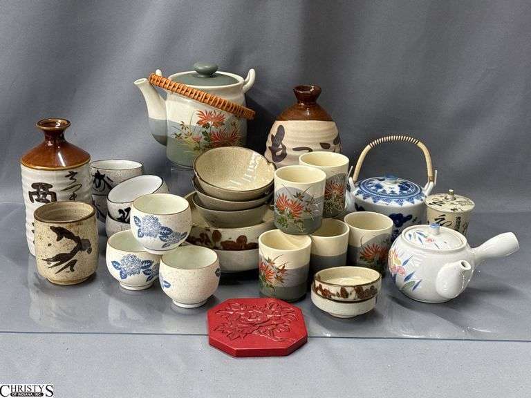 Various Japanese Tea Service Pieces - Teapots, Cups, Bowls - 8" of tallest image