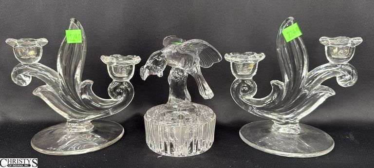 Cambridge Clear Glass Flower Frog, and Pair of Duncan Miller Double Candle Holders 7x6.5" image