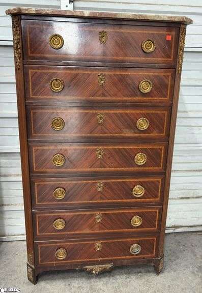 French Louis XVI Style Marble Top Semainier Chest 31" x 15" x 52" - some chipping to lower trim piece, toning to wood image