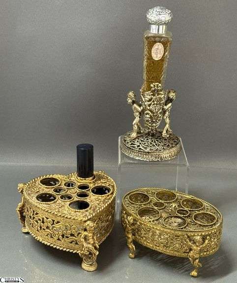 3 Ormolu Style Cherub Accent Foliate Metal Lipstick & Perfume Vanity Pieces - 4" of largest image