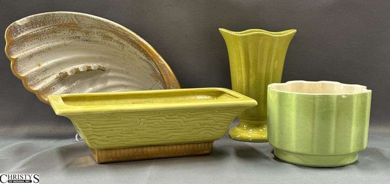 4 Mid Century Pottery Planters and Ashtray  - 13" of ashtray - some chipping image