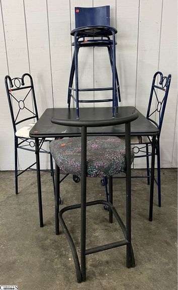 Card Table and Misc Bar Stools - Shows wear - 33" x 33" x 28" of table image