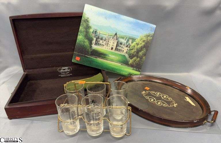 Indy 500 Glasses, Flatware Chest, Tray, Biltmore Cutting Board - Some wear throughout - 17" x 11" of flatware chest image