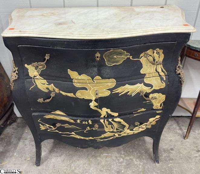 French Louis XV Style Chinoiserie Finish Marble Top Commode 38" x 30" x 25" - small chip and toning to stone, edge and finish wear to chest image