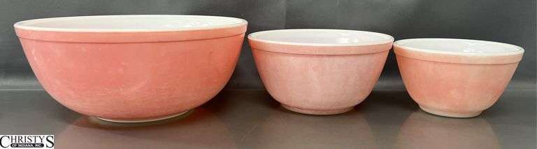 3 Pink Pyres Mixing Bowls - 10" of largest - Shows heavy finish wear image