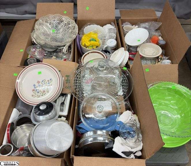 Boxed Lots, Mugs, Plates, Cake Dome, Punch Bowls, Kitchen Goods, Apollo Glasses image