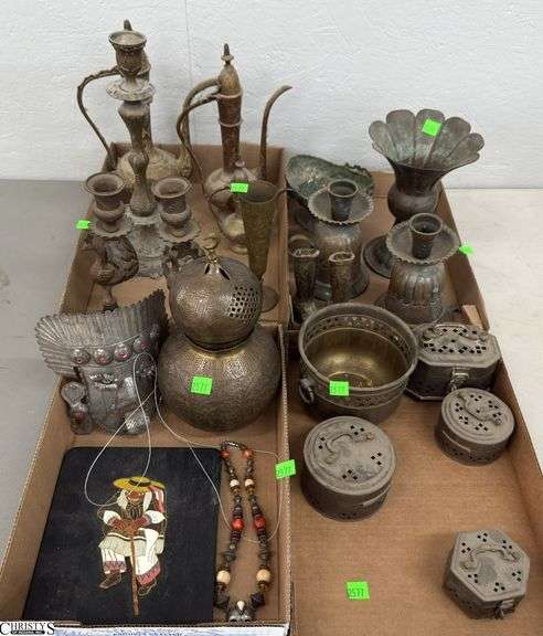 Brass, Copper, Metal Teapots, Lidded Boxes, Candlesticks, Mask, Misc - 12" of tallest - would benefit from a cleaning image