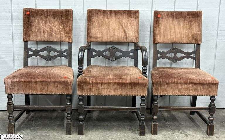 3 Jacobean Upholstered Chairs 21" x 37" x- 18" seat - wear and toning to upholstery, edge wear image