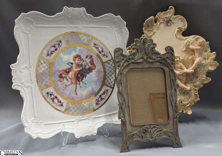 Nouveau Style Table Photo Frame, Cherub Motif Porcelain Tray & Wall Plaque - 14" x 14" of tray image