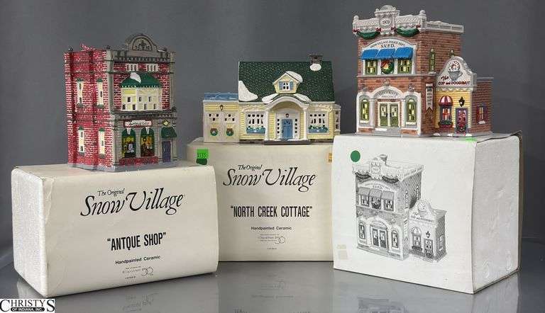 Department 56 Snow Village Buildings - Village Police Station, North Creek Cottage, and Antique Shop Appears Damaged image