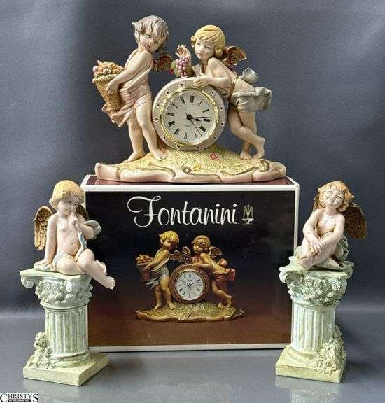 Fontanini Italian Cherub Clock and Cherub Figurines on Pedestals - 9" x 7" of clock image