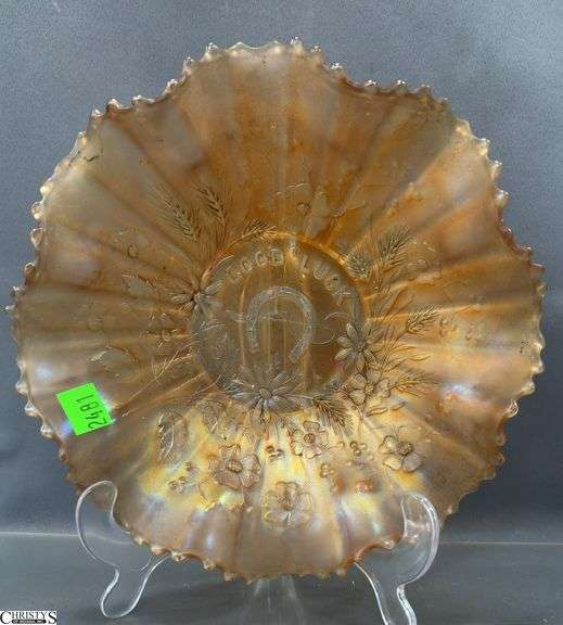 "Good Luck" Northwood Glass Ruffled Dish 9" image