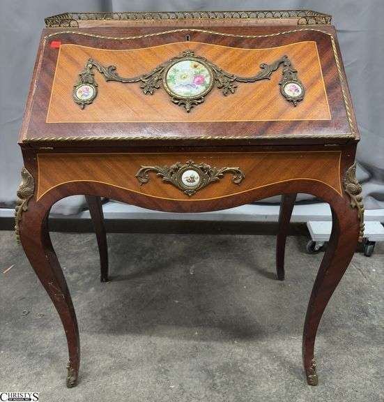 French Marquetry Porcelain Medallion Embellished Secretary 28" x 20" x 39" - missing front left trim piece to front image