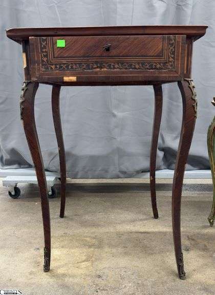 French Marquetry Single Drawer Side Table - Damaged veneer and hardware, warped top, 21.5" x 21.5" x 31" image