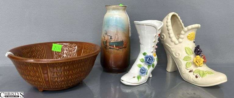 Ship Motif Vase, Brown Decretive Bowl, 2 Boot Vases Tallest 6.5" image