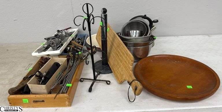 Kitchen Utensils, Flatware, Stainless Bowls, Wood Tray, Cutting Board, Misc - 15" of tray image