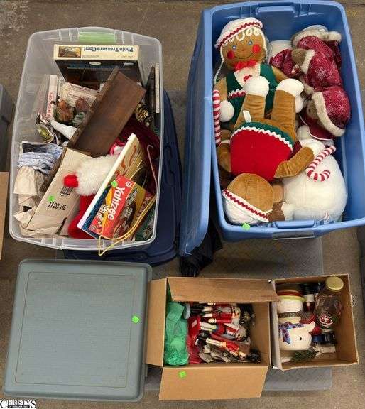 Boxed Lots Totes With Decor, Plush Animals, Easter Crafts, Nutcrackers, Board Games, Coca cola Collectibles image
