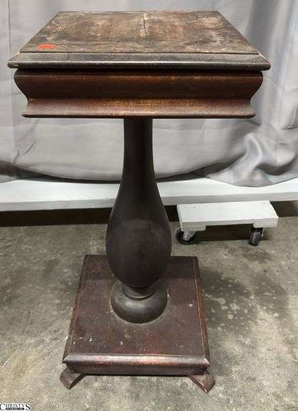 Antique Wood Fern Stand Pedestal 13" x 13" x 29 - shows finish wear, some splitting to veneer image