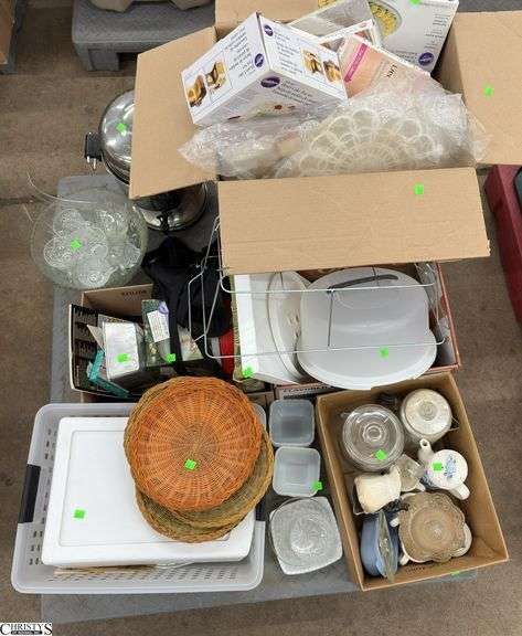 Boxed Lots, Cake Decorating, Punch Bowl and Cups, Cookie Cutters, Ceramic Tea Set, Milk Glass, Trays image