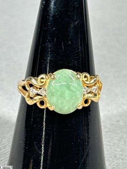 14K Yellow Gold Ring with a Jade Colored Stone and 4 Small Surrounding Diamonds image