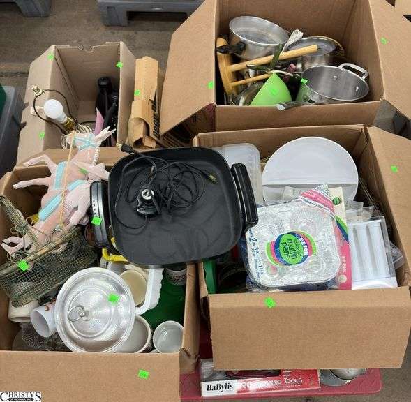Boxed Lots, Mugs, Pots, Pans, Kitchen Ware, Lamp, Electric Skillet, Plastic Food Storage image