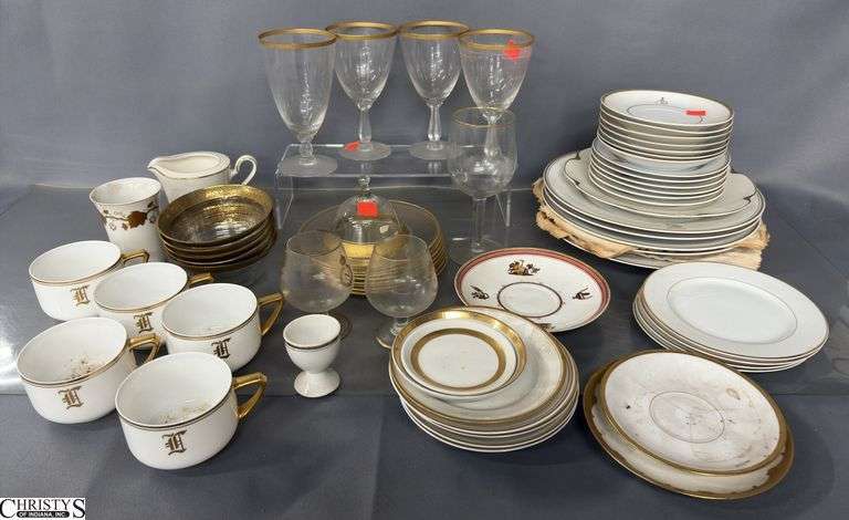 Tiffin Rambling Rose Bowls, Gold Rimmed Stemware and Plates, Bavarian and Limoges China Plates - 10" of largest plates image