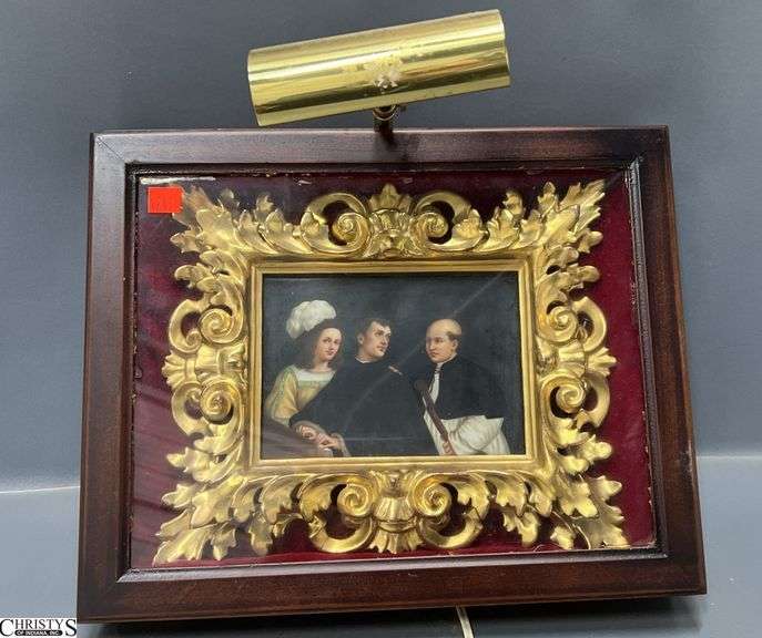 Gilt Framed European Fine Painted Porcelain Tile - Mounted in Shadowbox Frame - 15" x 12" x 2" of shadowbox, some wear to exterior - 11" x 9.5" approx of interior gilt frame image