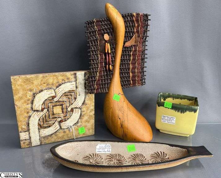 Hand Made Art Pottery, Carved Art, Foreign Vase, Tallest 14" image