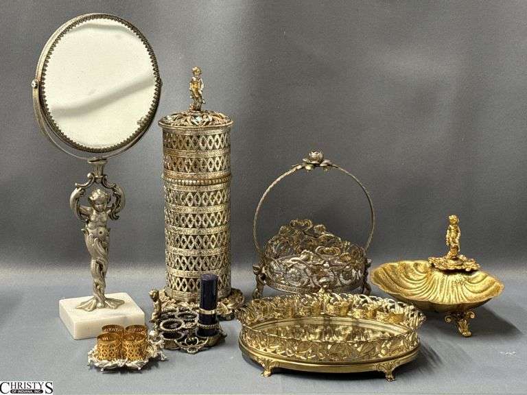 Ornate Ormolu Style Cherub & Foliate Accent Metal Vanity Accessories 7pcs - 13" of mirror image