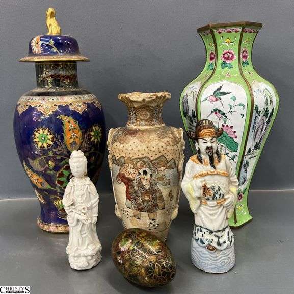 Asian Motif Vases, Figurines Some Damage and Chips Tallest (Green Metal) 11" image