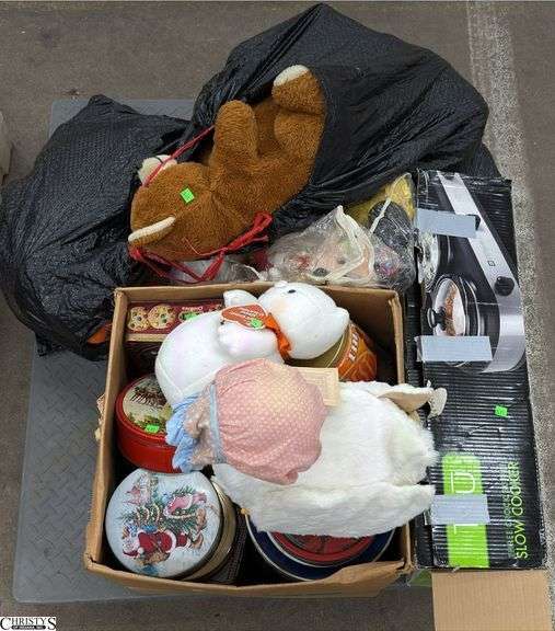 Boxed Lots, Tins, Plush Animals, Used 3 Slow Cooker Unit, Motion Mother Goose, Mickey Mouse, Fall Ghosts image