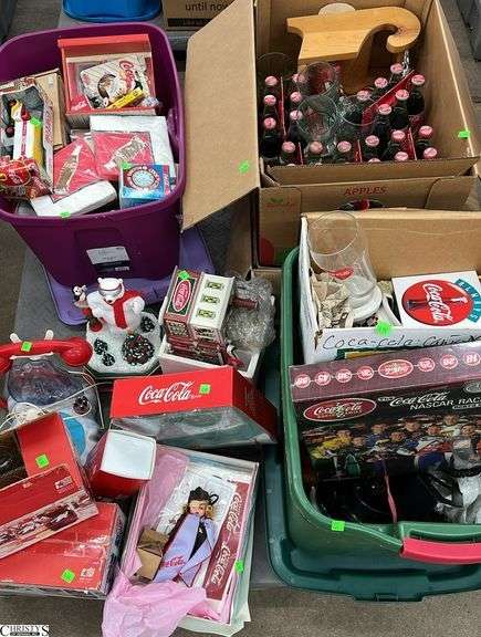 Boxed Lots, Coca Cola, Polar Bears, Wooden Sled, Dept 56, Madame Alexander, Coke Bottles, Party Supplies, Telephone, Collector Trucks, Totes image