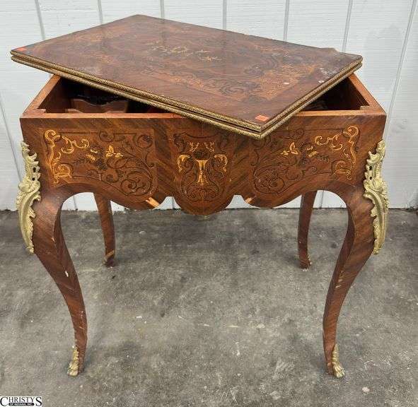 French Louis XV Style Marquetry Game Table 31" x 20" x 32" - chipping to veneer, wear and damage to top image