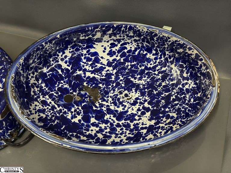 Blue and White Swirl Enamelware Roaster - Some wear, chipping - 18"