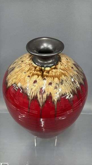 Hand Signed and Glazed Pottery Vase, 13" Tall