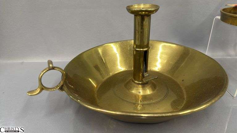 2 Brass Candle Holders, Push up With Large Drip Pan 11" Across 5.5" Tall, and Extended Handle on The Other