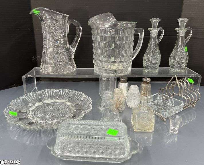 Clear Pressed and Cut Glass, Pitchers, Egg Plate, Oil and Vinegar, Salt and Peppers, Tallest 9" image