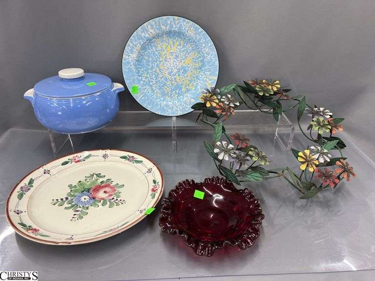 Hall's Blue Pottery Casserole, Metal Floral Wreath, Enamel Plate, Ruby To Yellow Ruffle Plate That Has Slight UV Reaction image