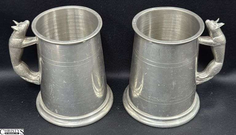 Pair of Sheffield Pewter Tankards With Fox Handles and Clear Bottom 5"