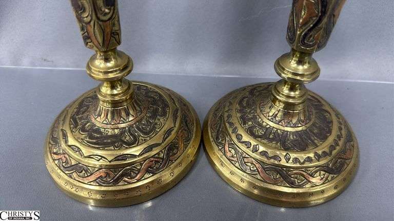 Pair of Bohemian Style Brass Candle Sticks 10.5" Tall