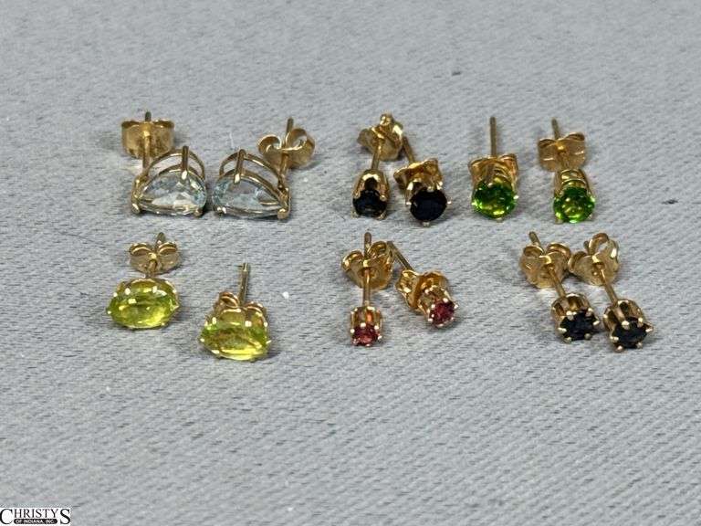 6 Pairs of 14K Yellow Gold Stud Earrings with Different Color Gemstones image