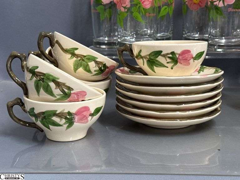 Franciscan Desert Rose Glasses, Mugs, Teacups and Saucers - 7" of largest, some chipping - Approx 36pcs