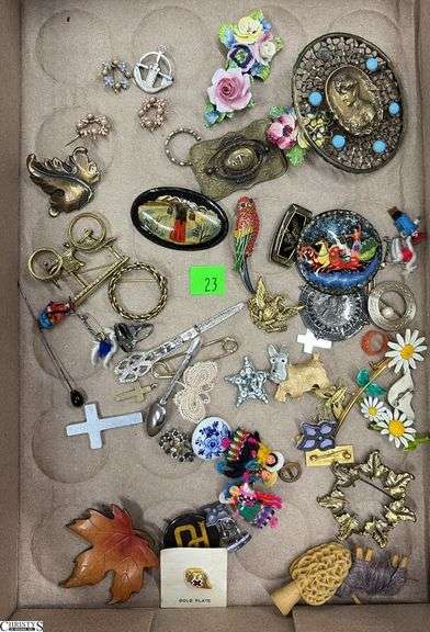 Ladies Costume Brooches - Russian Lacquer, Bone China Floral, Misc - Some missing stones - 3" of largest